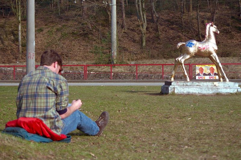 Holbein-Pferd ein Zeichner sitzt im Gras und skizziert das Pferd