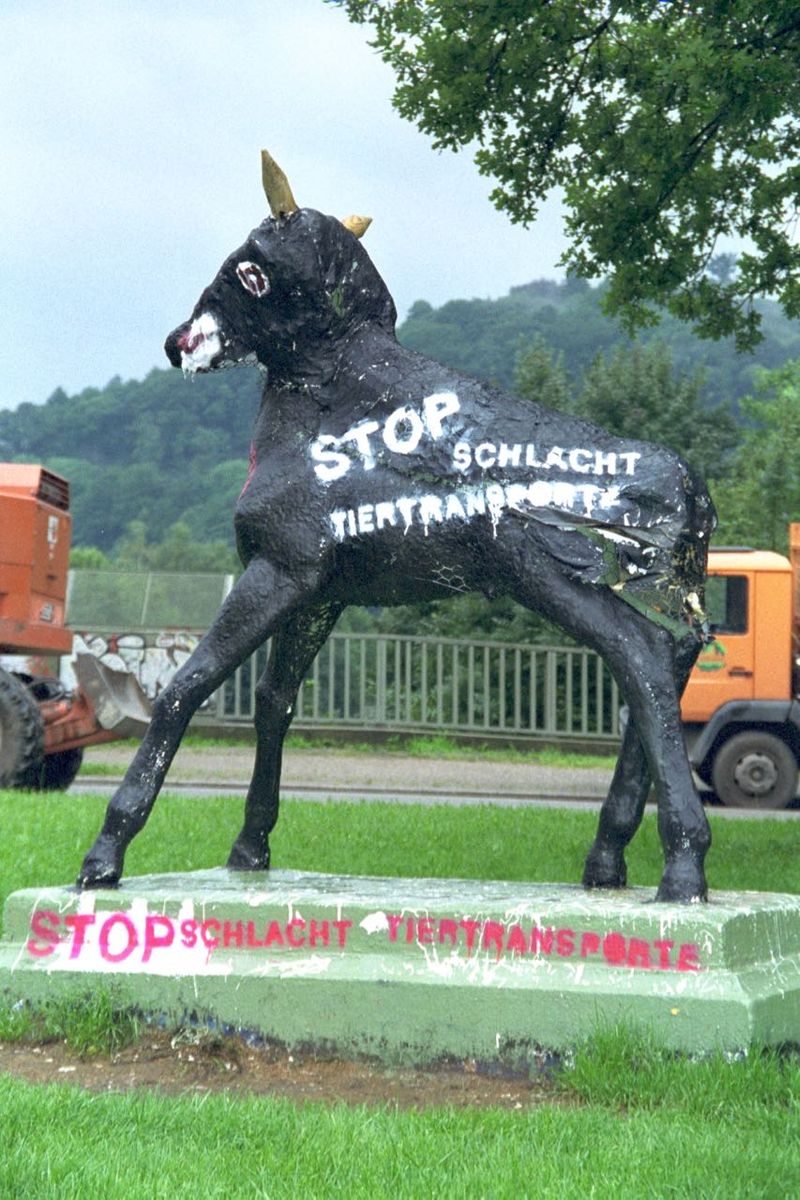 Holbein-Pferd schwarz mit Protestschrift „Stop Schlachttiertransporte“